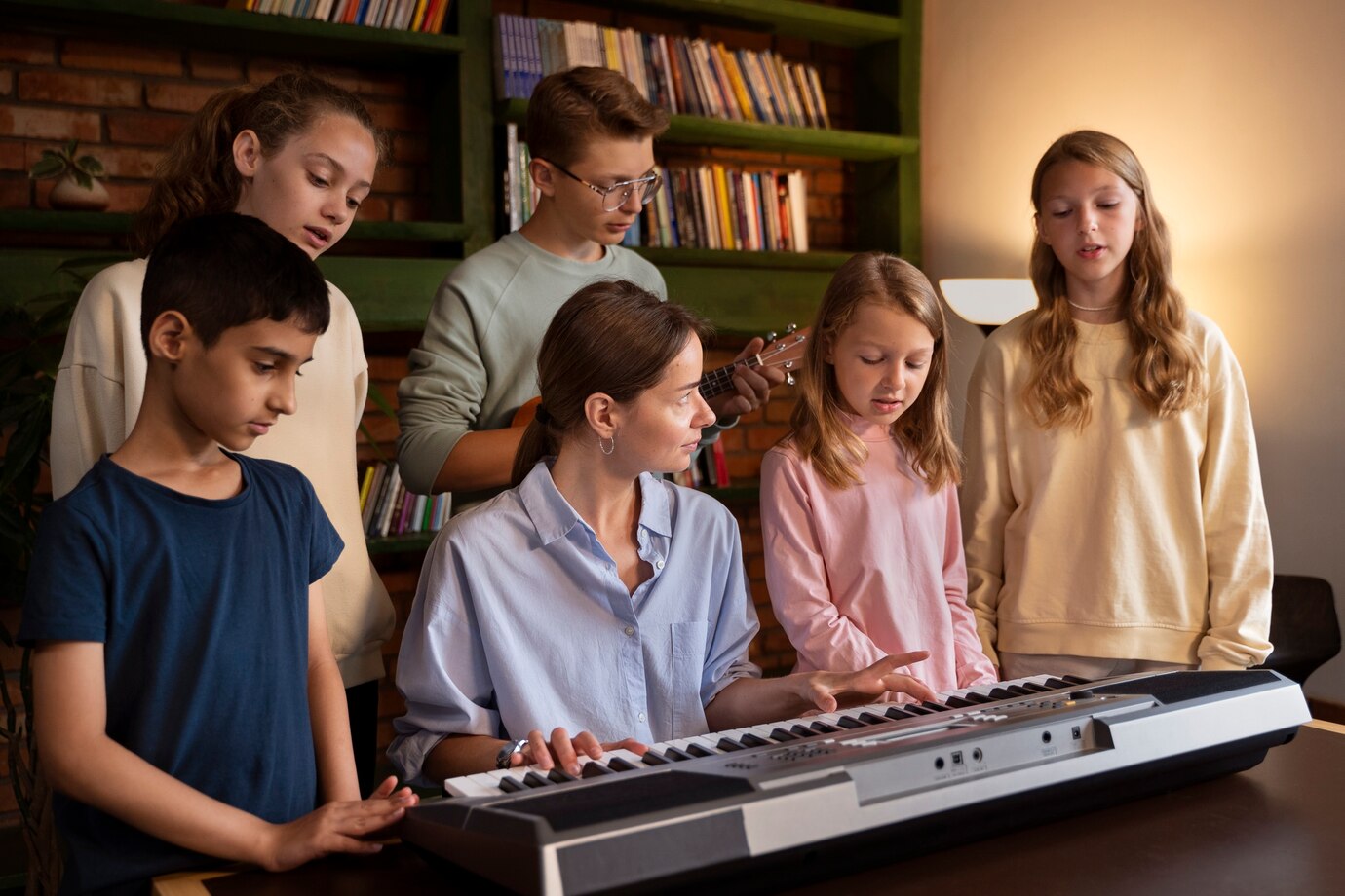 Estudiantes infantiles aprendiendo conceptos básicos de solfeo y ritmo en el aula